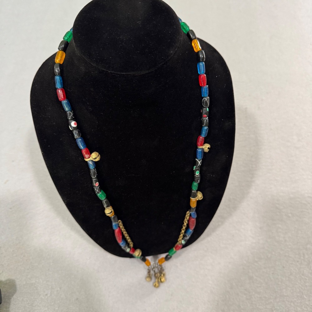 Unbranded African Trade Bead Necklace Women Multi Color Glass Brass Bells 15.5in